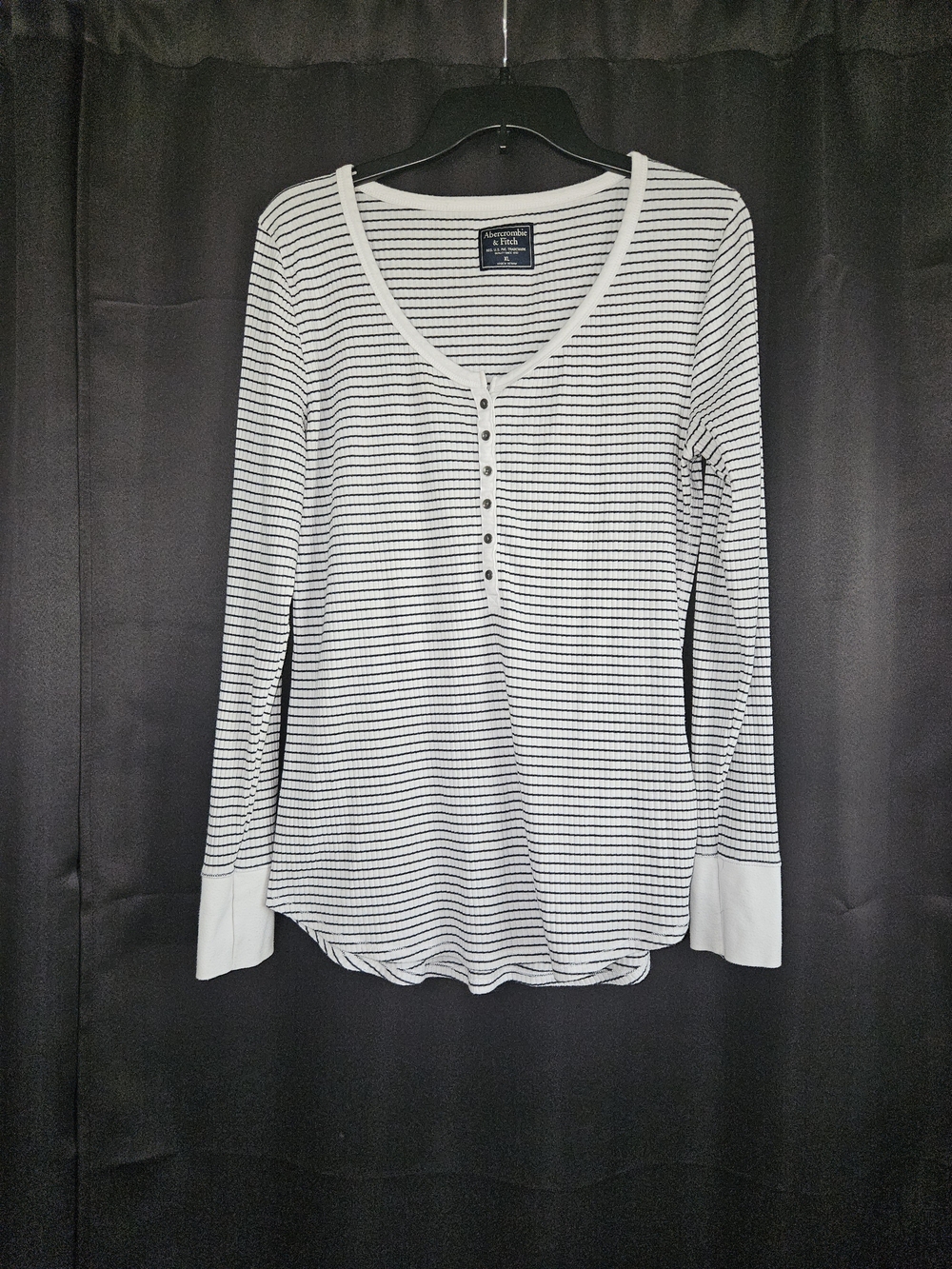Abercrombie & Fitch White with Black Thin Stripe Long-Sleeve Henley